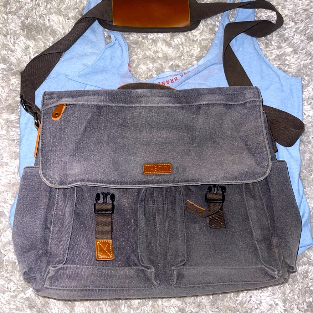 Vaschy Messenger Bag Leather Canvas Gray Laptop Briefcase Handle Strap Office